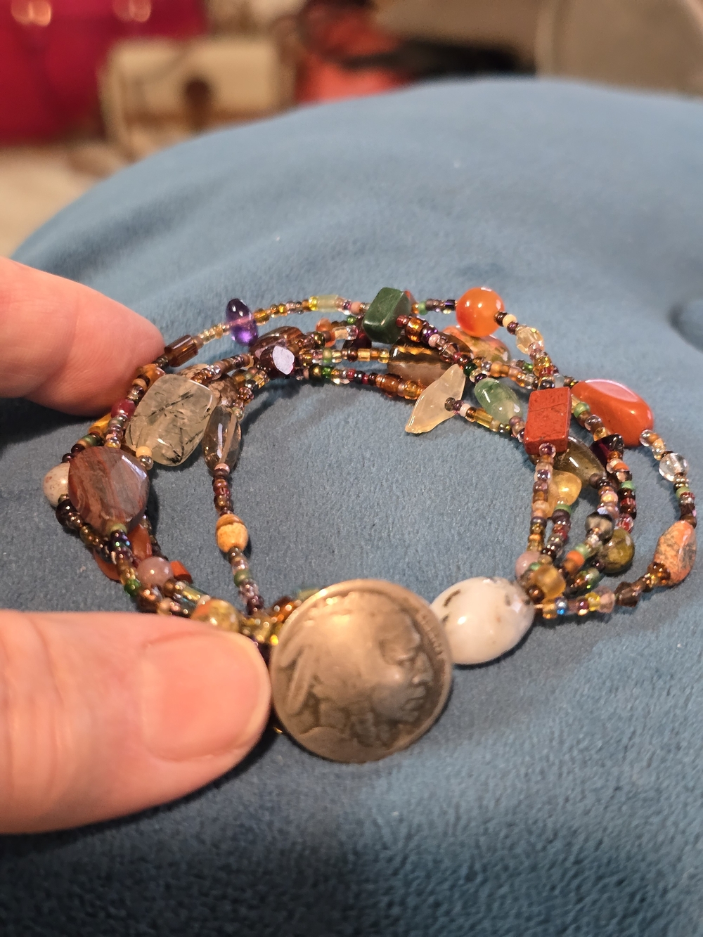 Artisan Multicolor Multi-Gemstone Beaded Wrap Bracelet with Silver Coin Closure - Picture 3 of 7